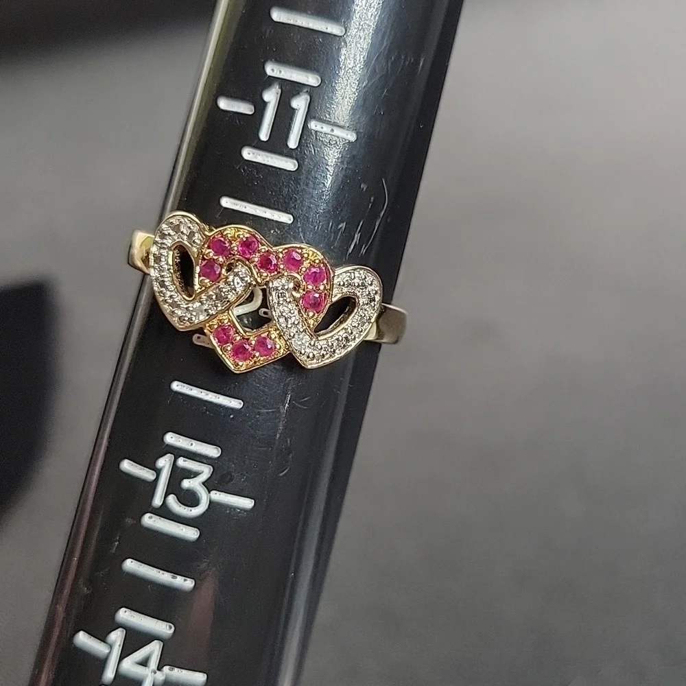 Vintage Gold Plated Sterling Silver 925 Ruby & Diamond 3 Heart Intertwined SZ:12